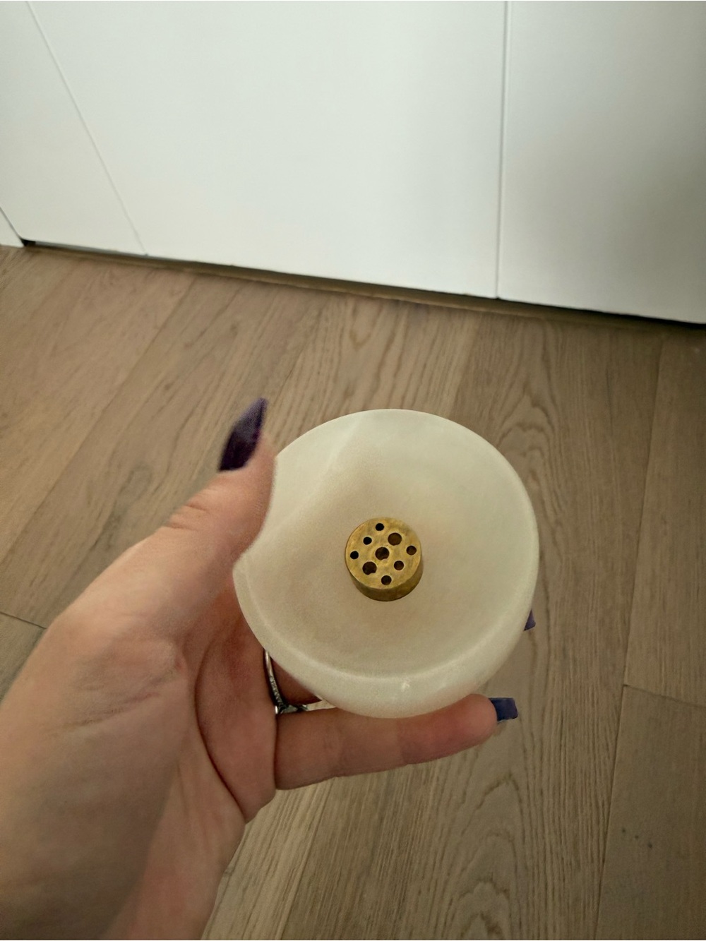 Handheld Cream Onyx Holder with Brass Insert for incense sticks